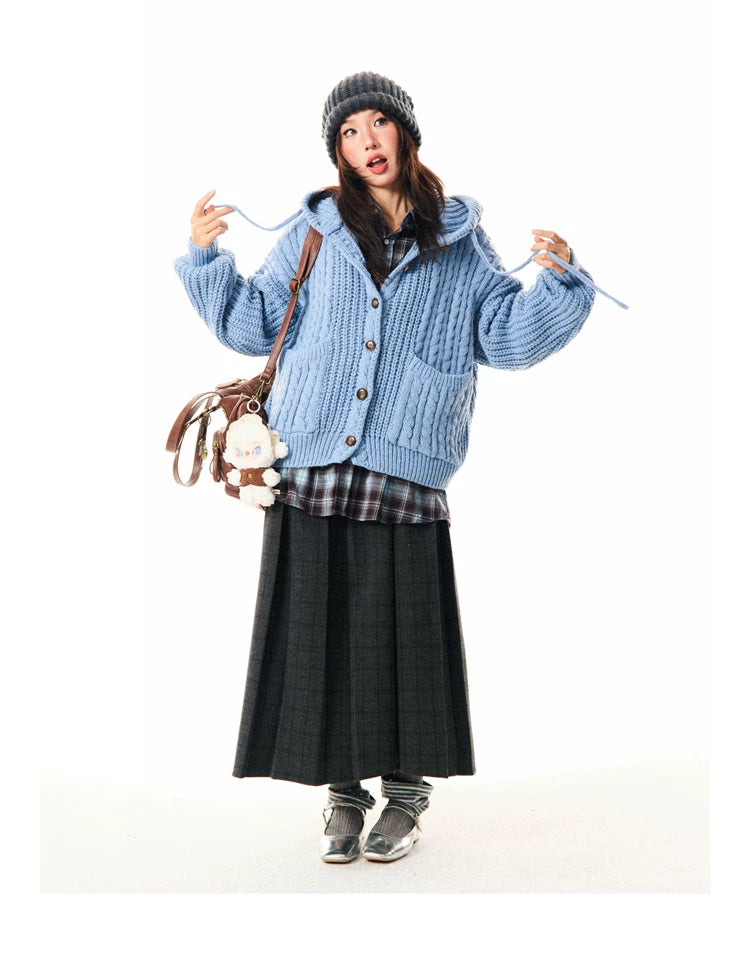 Hooded Button Oversize Cable Knit Cardigan