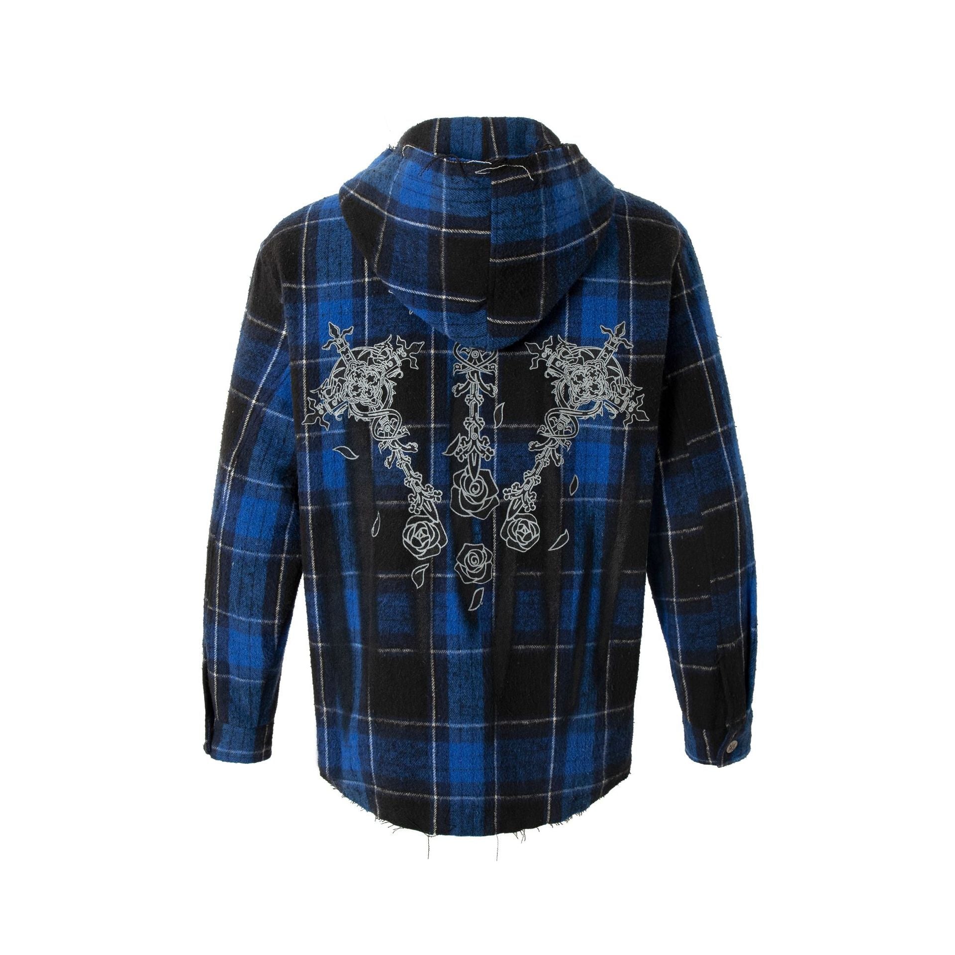 고딕 프린트 플레드 지퍼 후드 티셔츠