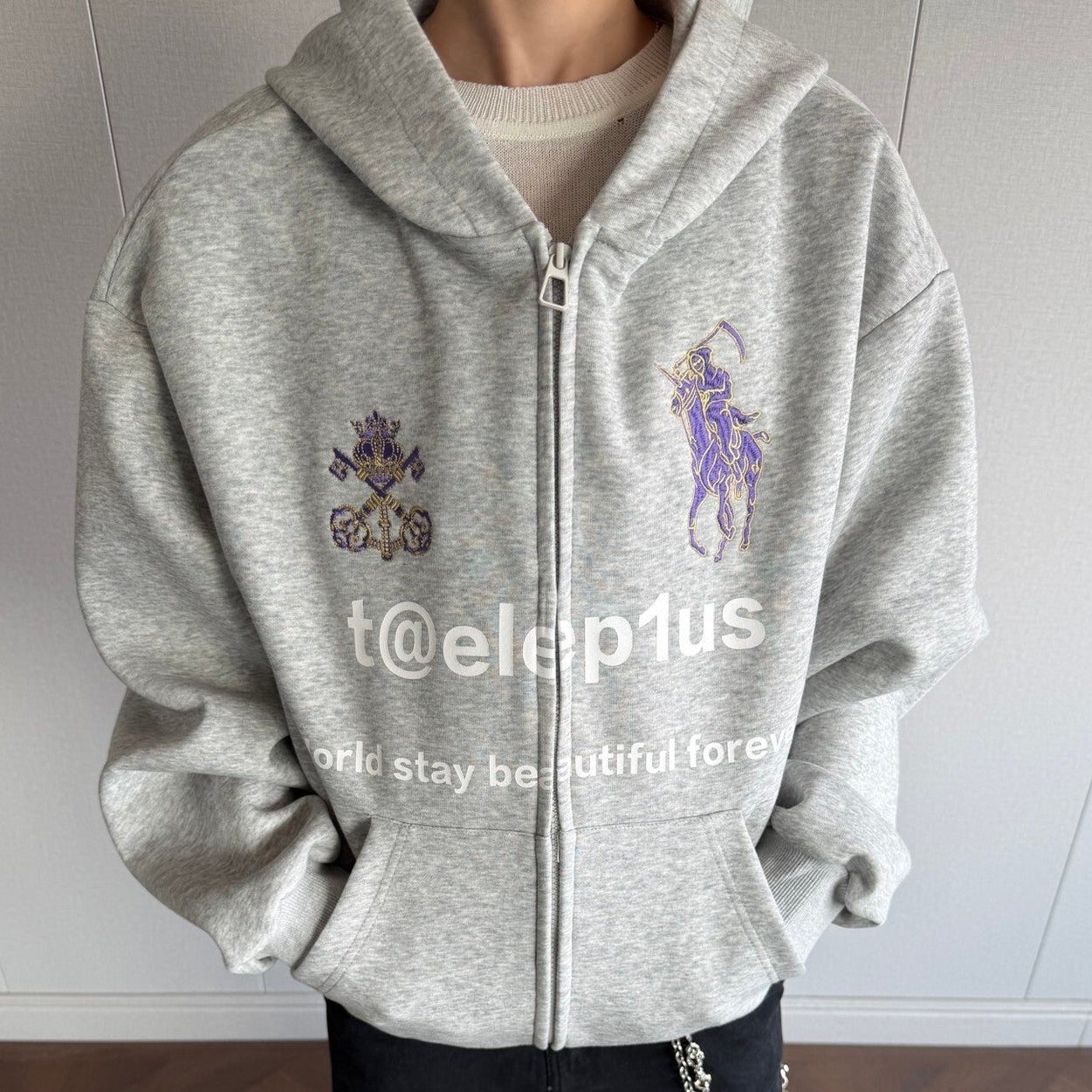 Logo Horse Embroidery Zipper Hoodie