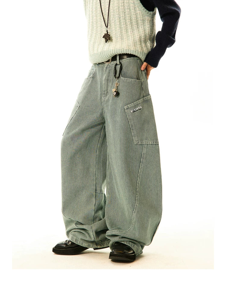Stripe Pattern Wide Leg Denim Jeans