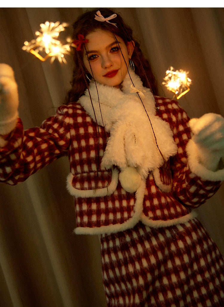 Christmas Plaid Tweed Jacket & Short Skirt Setup