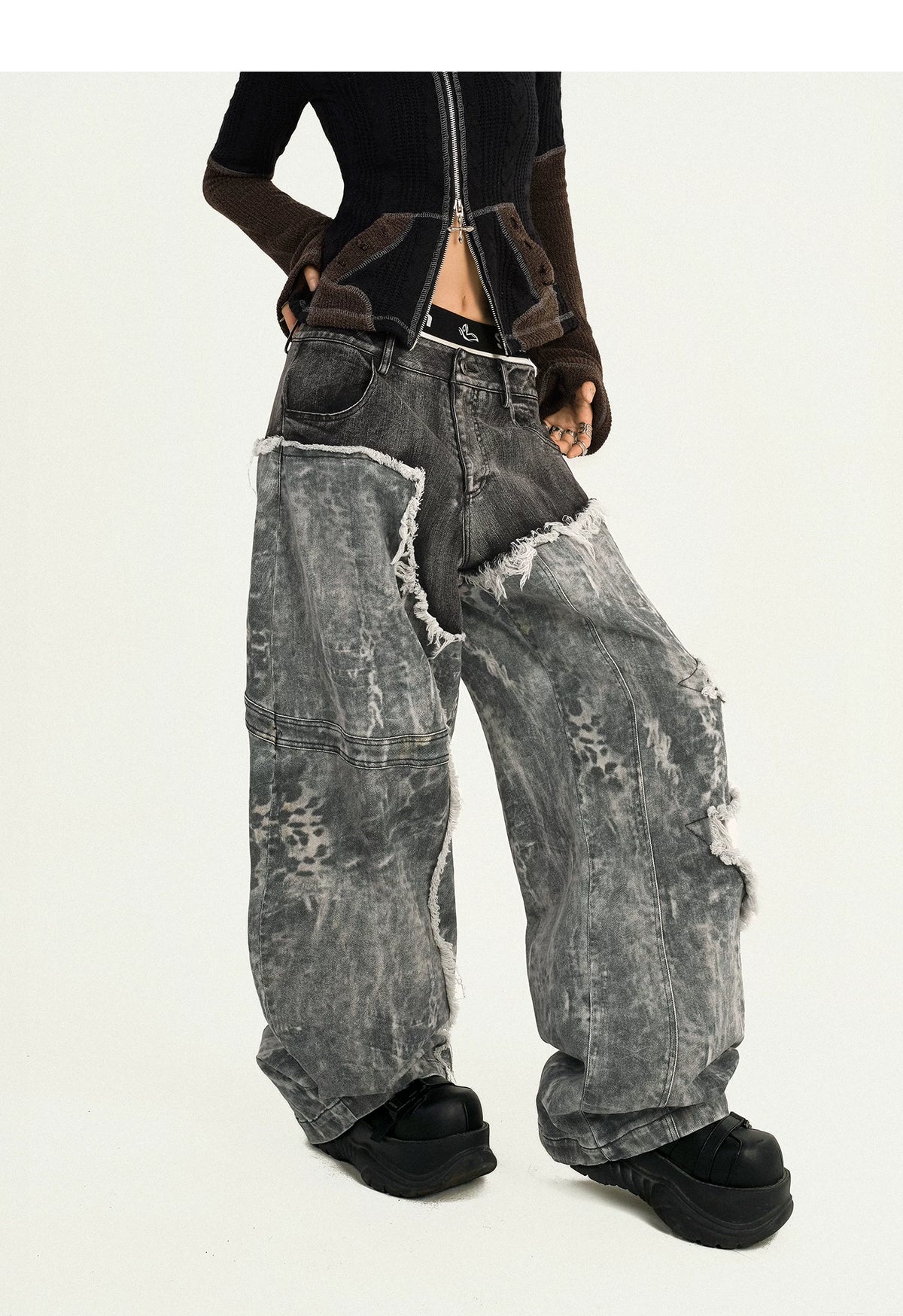 Fake Layered Heavy Craft Raw Hem Wide Leg Denim Jeans