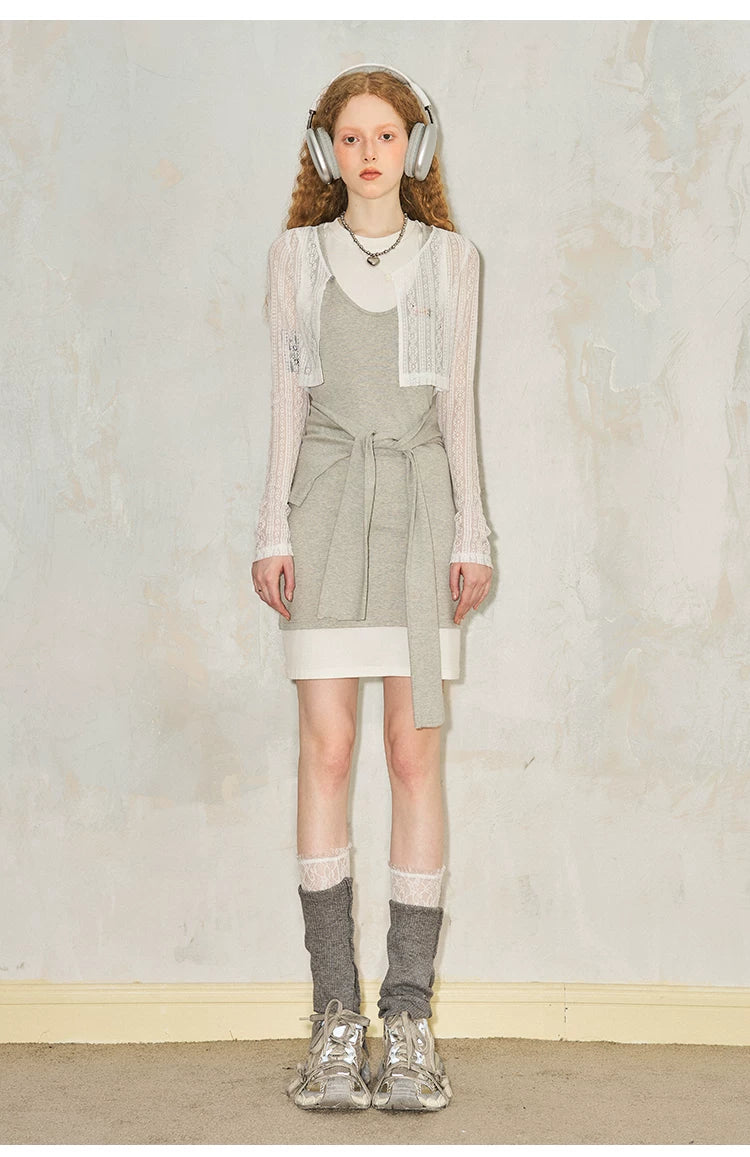 Splicing Fake Layered Round Neck Waist Cinching Dress
