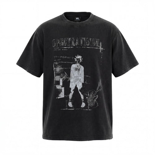 T-shirt à col rond et manches courtes avec imprimé graphique effet délavé - Noir / S