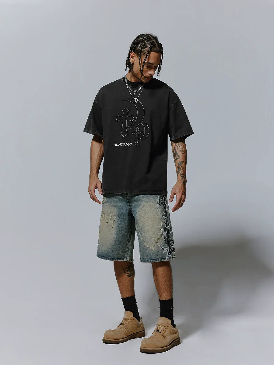 Spray Print Washed Wide Leg Denim Short Pants