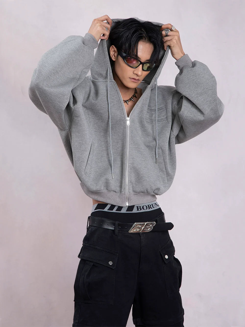 Shoulder Pad Short Zipper Hoodie & Wide-Leg Sweatpants Setup