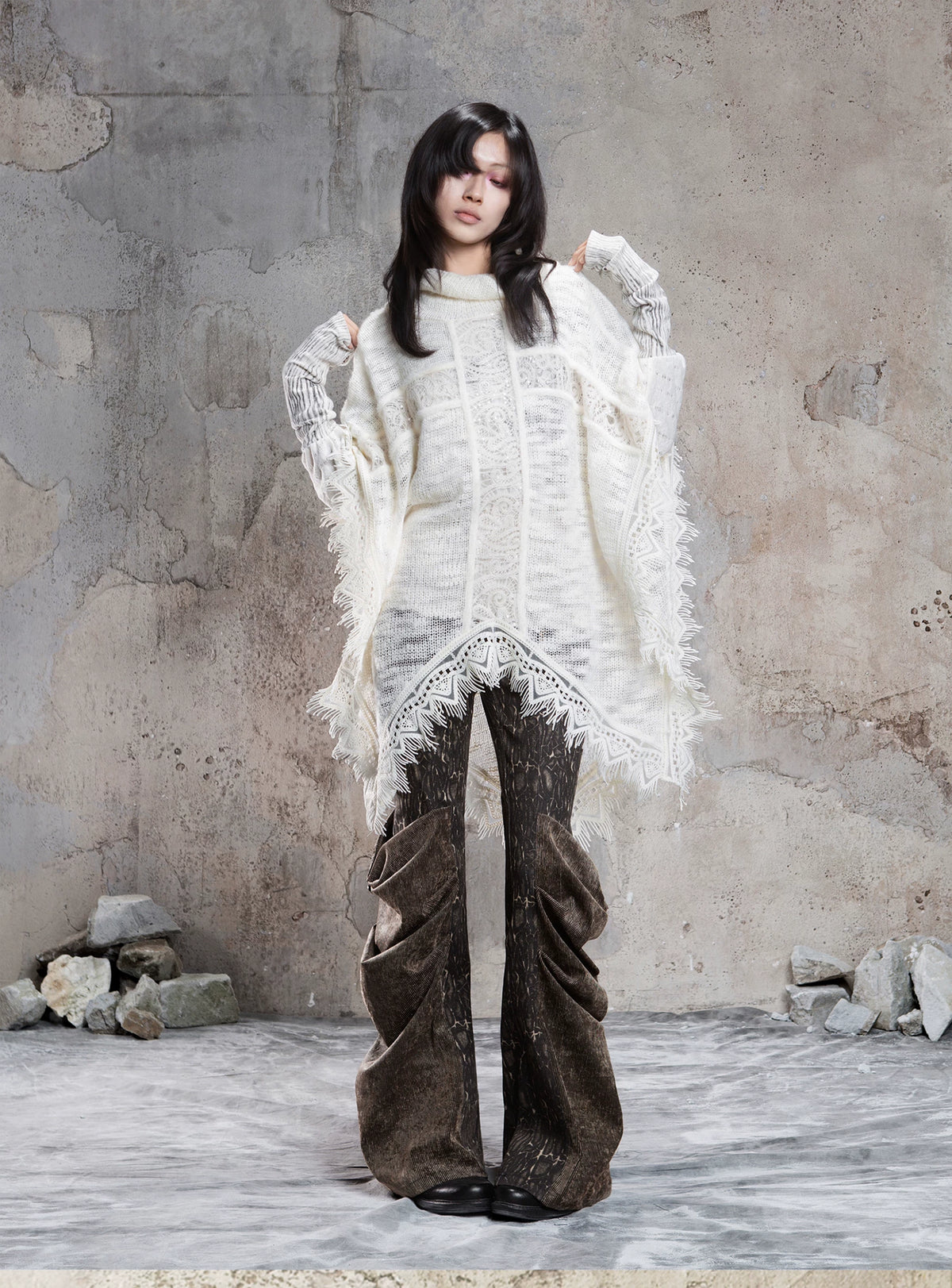 Punk Cross Cape Asymmetric Fringe Knit Sweater