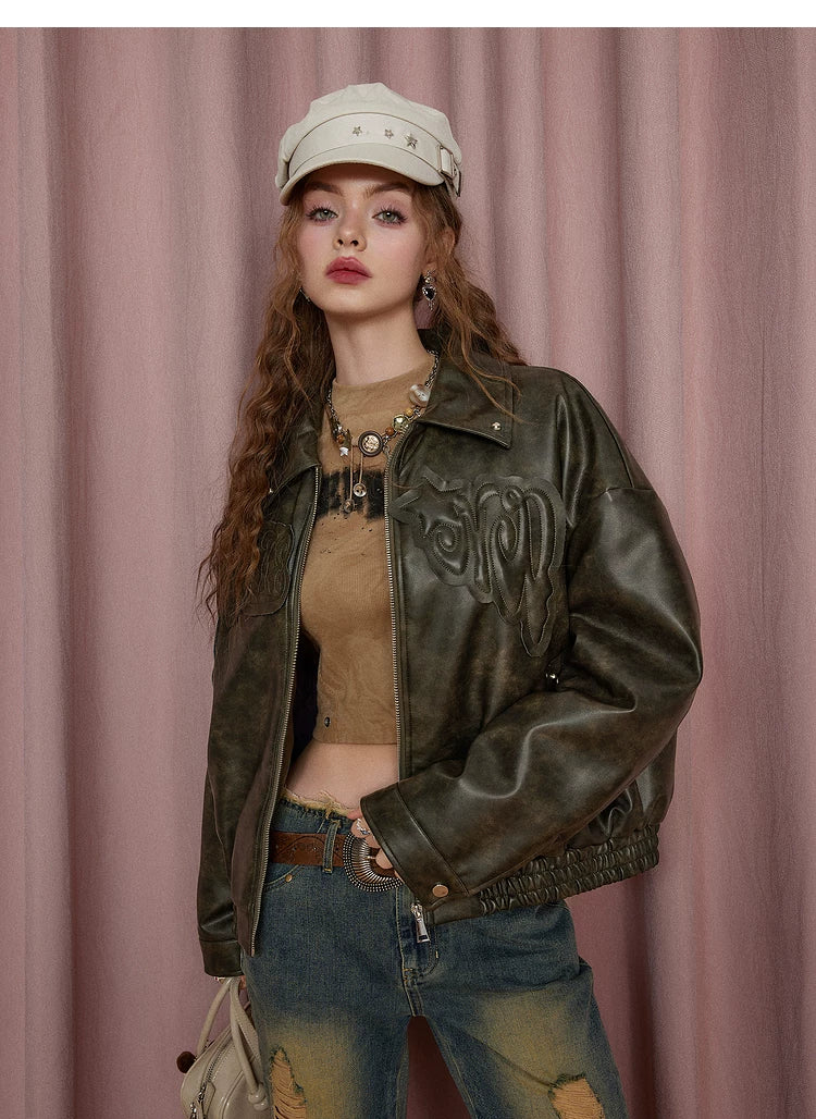 Patch Embroidery Quilted PU Leather Jacket