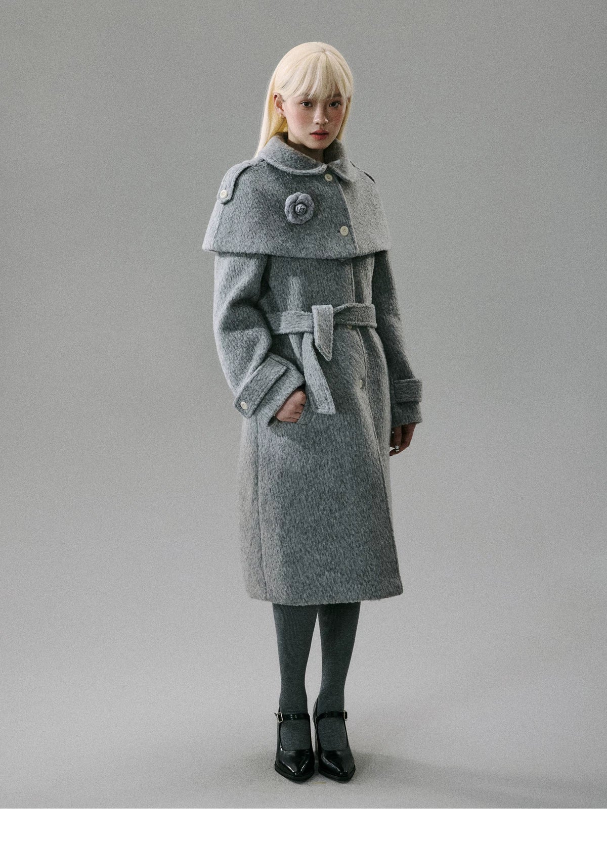 Cape Collar & Flower Detail Belted Coat