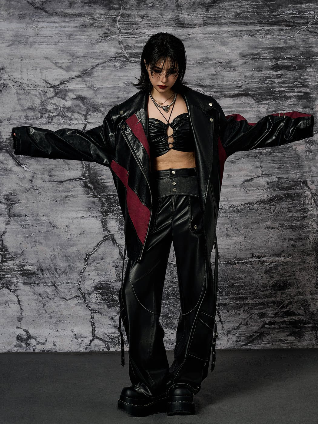 Metal-Embellished Straight-Leg PU Leather Cargo Pants