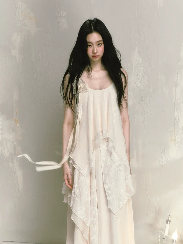With Brooch Irregular Camisole Dress & Long Sleeve Shirt Setup