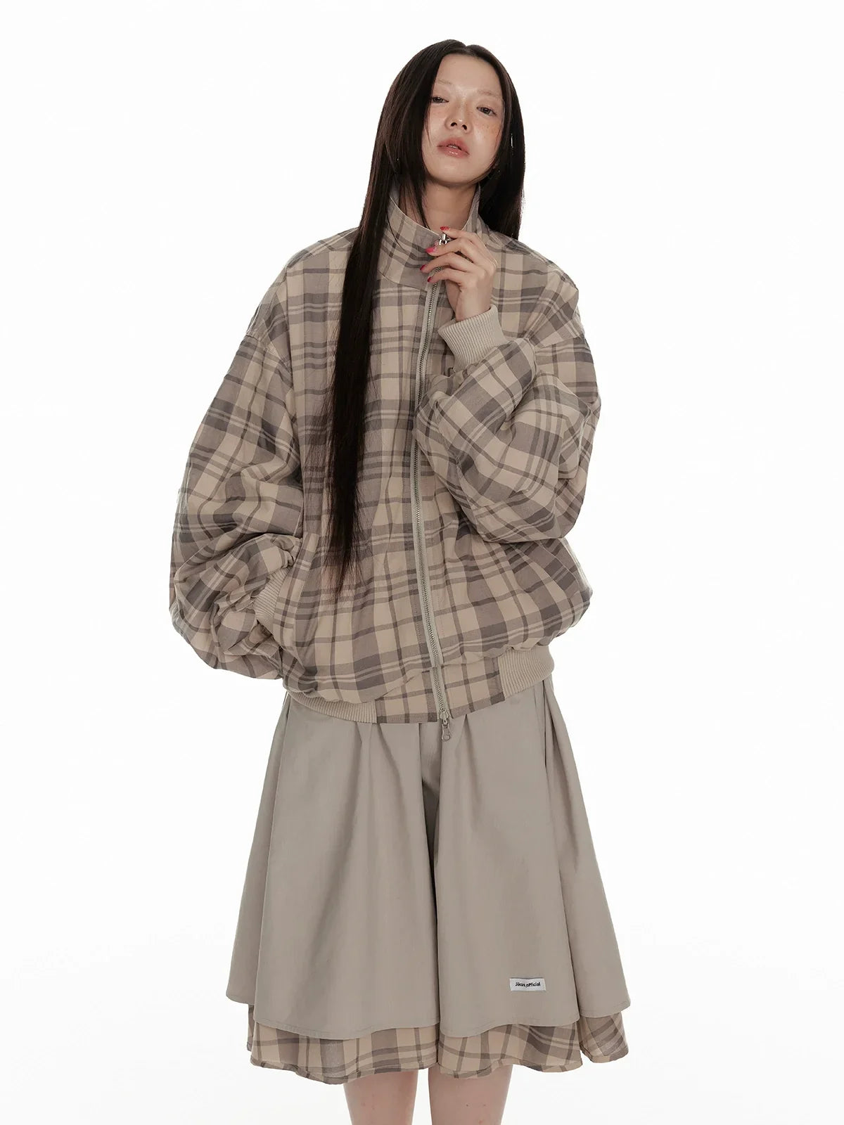 Hollow Star Stand Neck Recersible Jacket & Recersible Plaid Skirt Setup