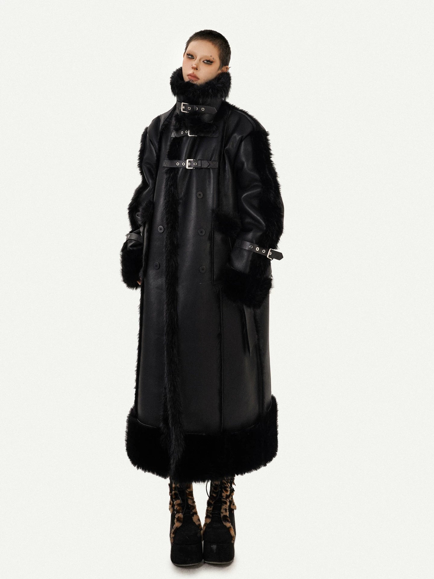 PU Leather Fake Fur Stand Neck Coat