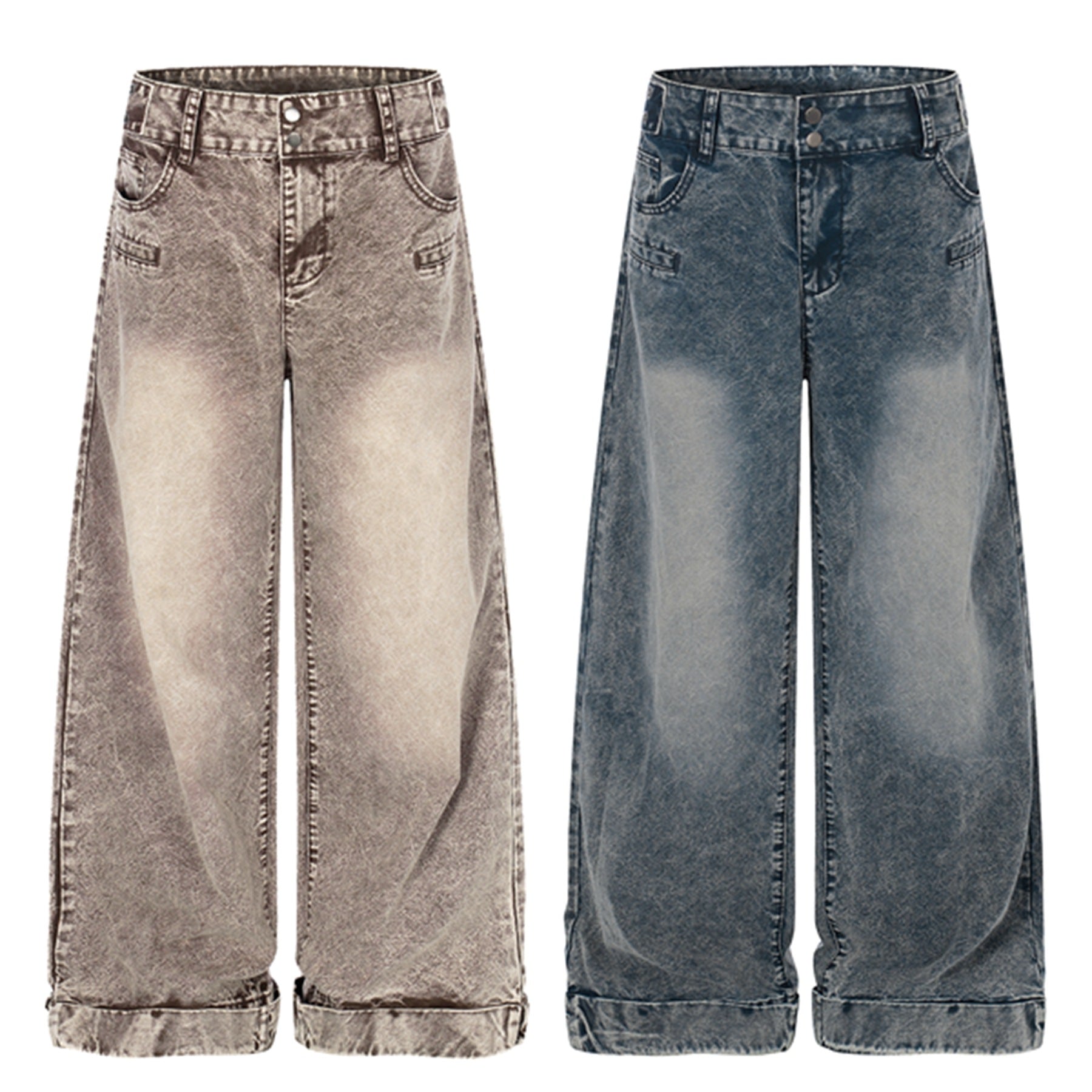 Washed Damage Wide Leg Curved Denim Jeans