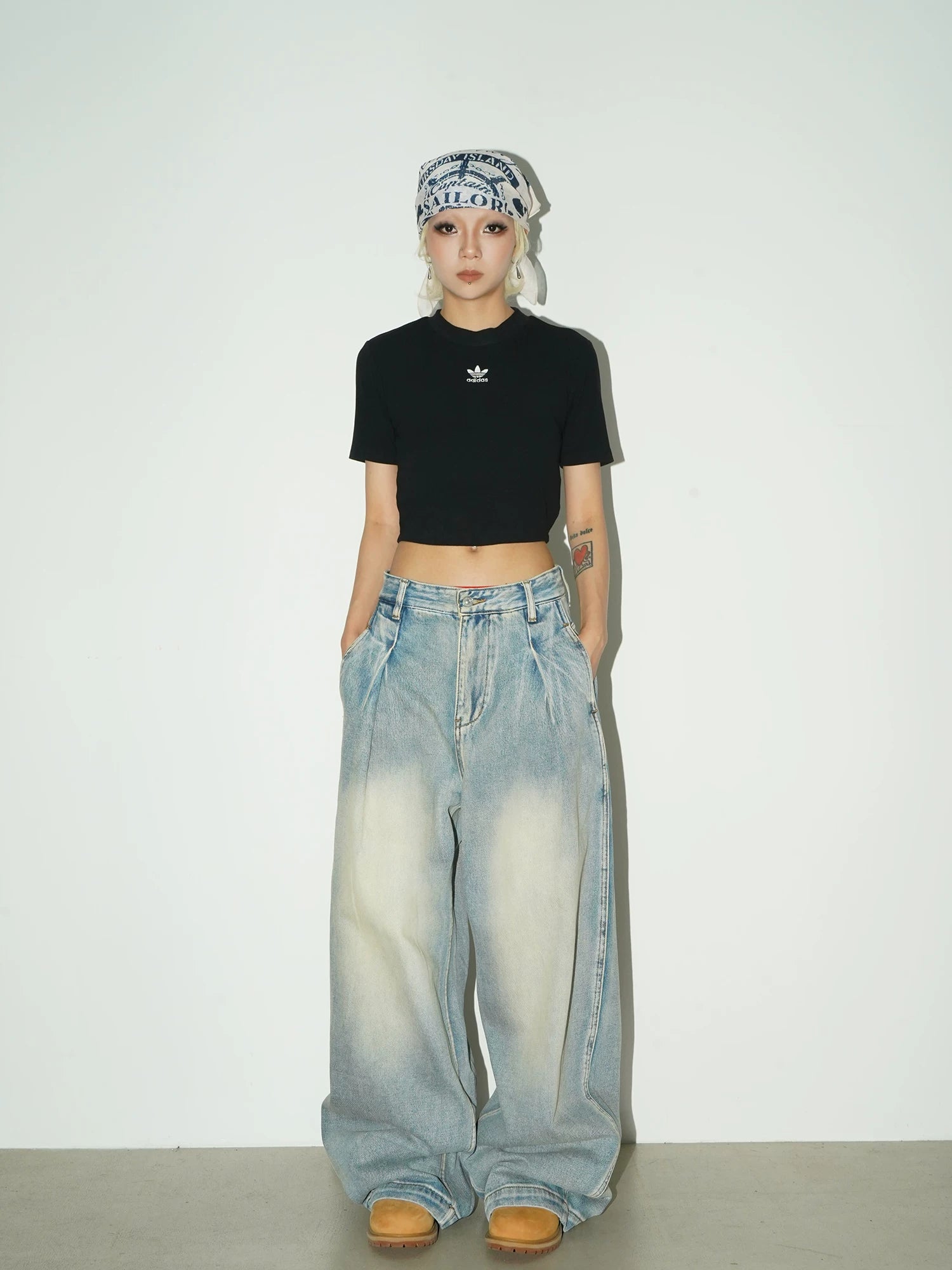 Washed Drape Wide Leg Denim Jeans