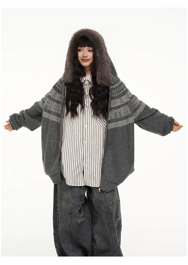Fair Isle Hooded Detachable Fur Collar Knit Cardigan