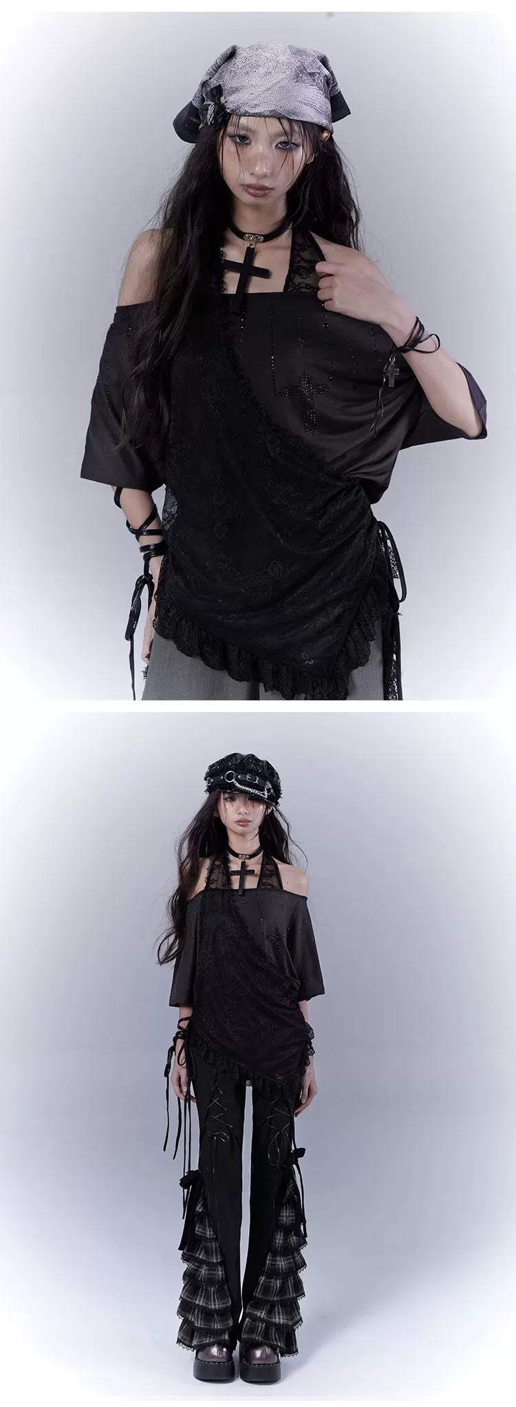 Lace Patchwork Halter Neck Rhinestone Oversize Short Sleeve T-Shirt