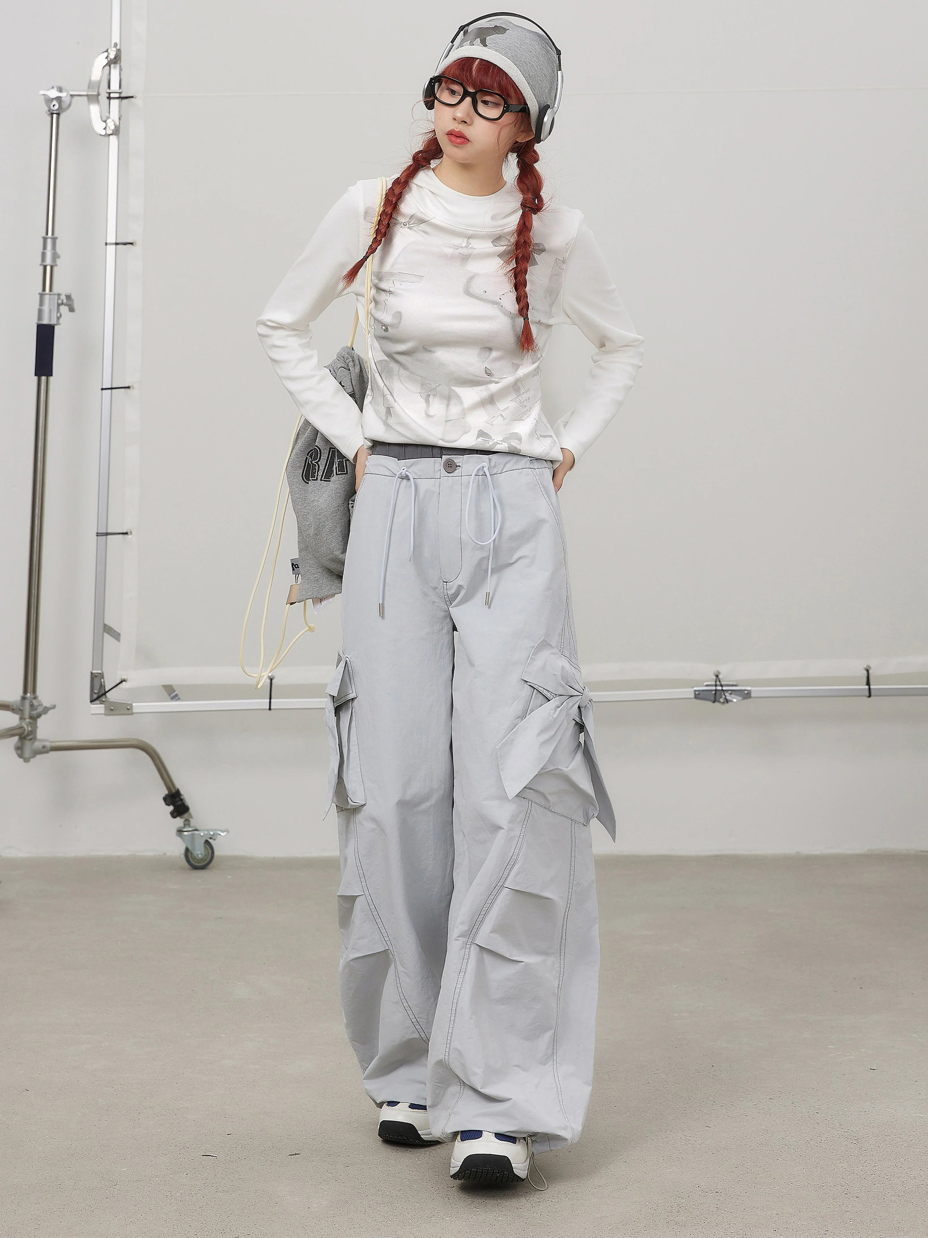 3D Bow Contrast Patch Pockets & Double Waistband Wide-Leg Pants