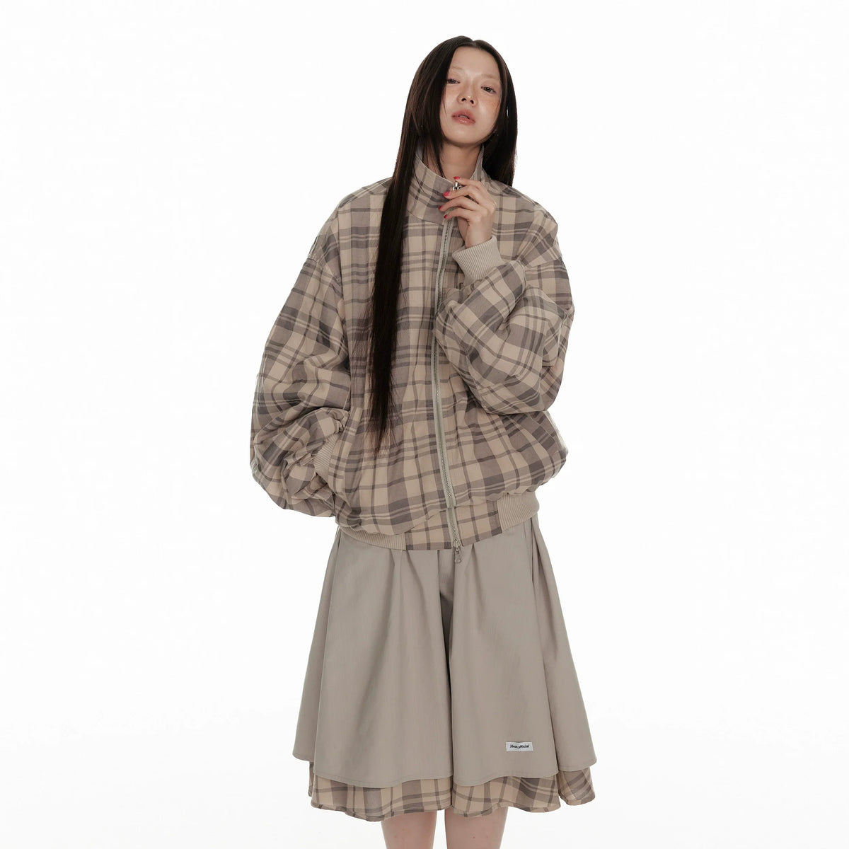 Hollow Star Stand Neck Recersible Jacket & Recersible Plaid Skirt Setup