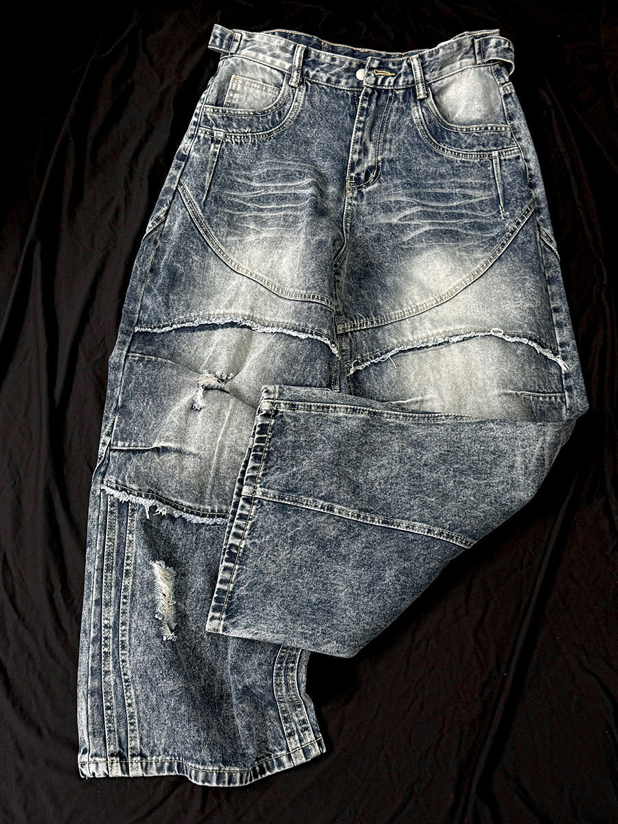 Washed Damage Splice Wide Leg Denim Jeans