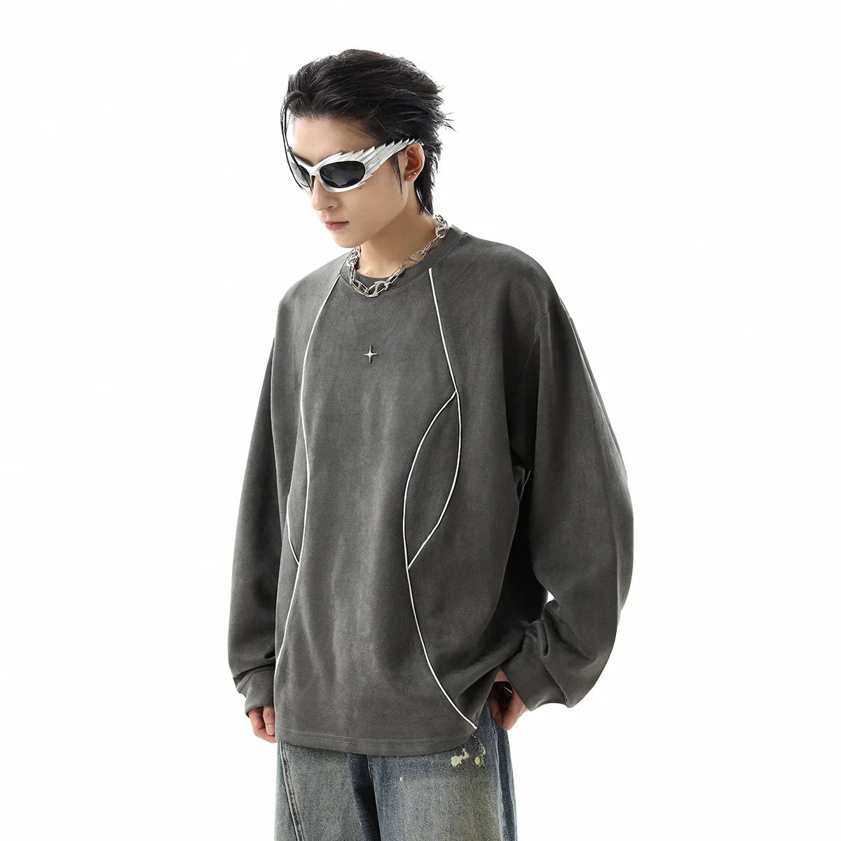 Reflective Stripe Suede Round Neck Sweatshirt