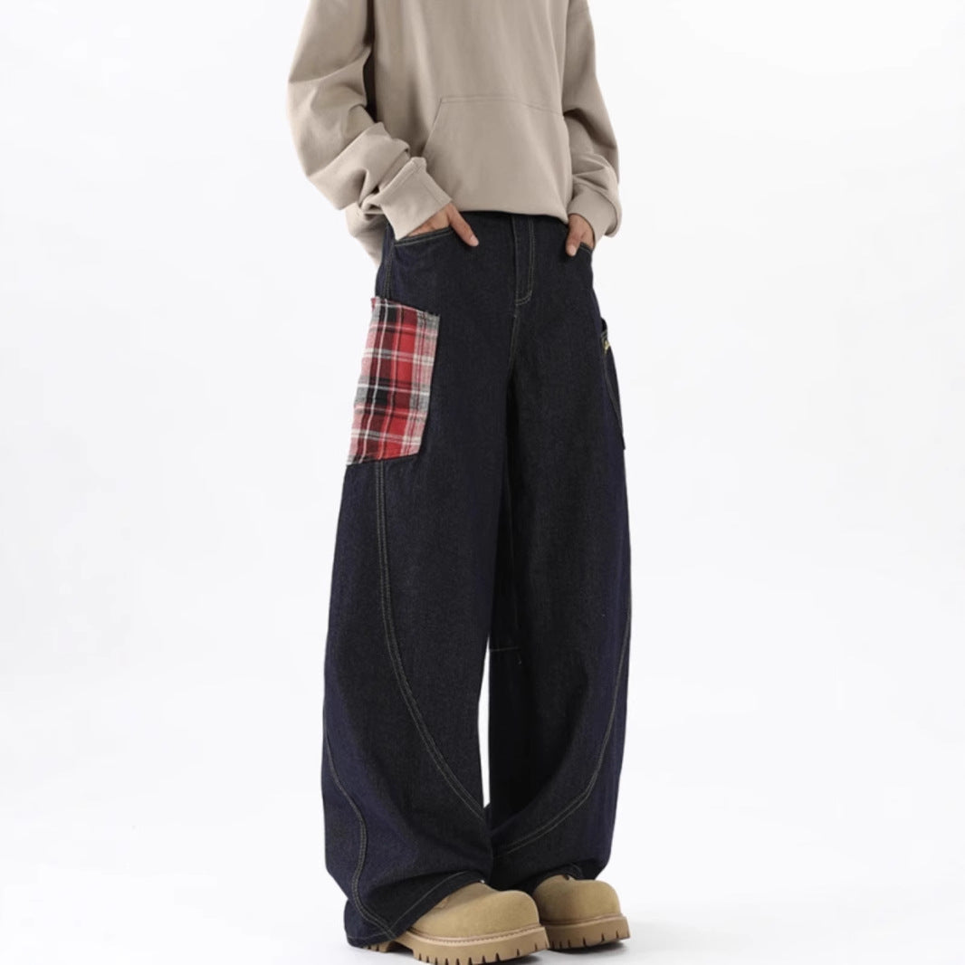 Scimitar plaid patchwork baggy radish jeans