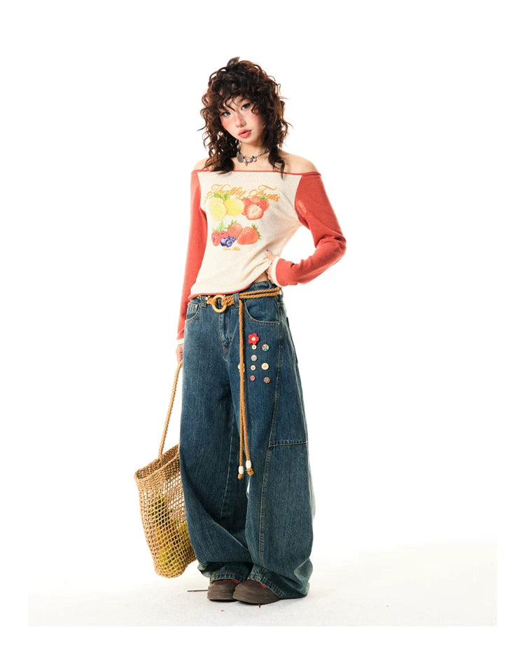 Fruit Graphic Print Off-Shoulder Fitted Long Sleeve T-Shirt