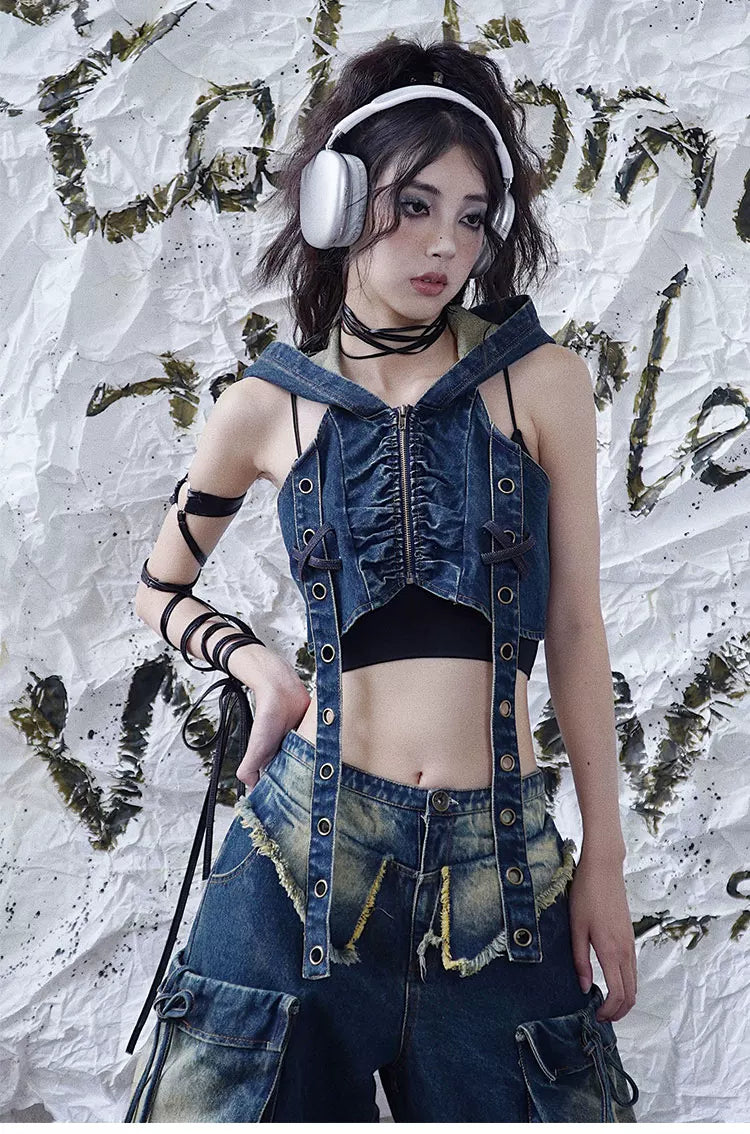 Denim Hooded Punk Zipper Vest