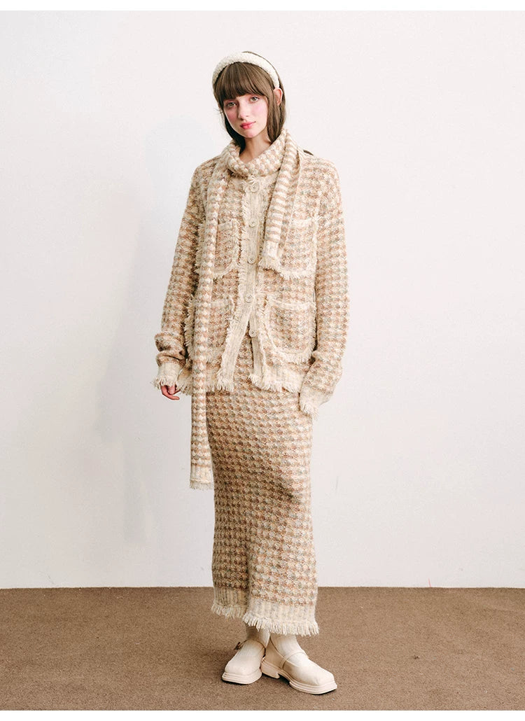 Plaid Button Cardigan & Scarf & Long Skirt Setup