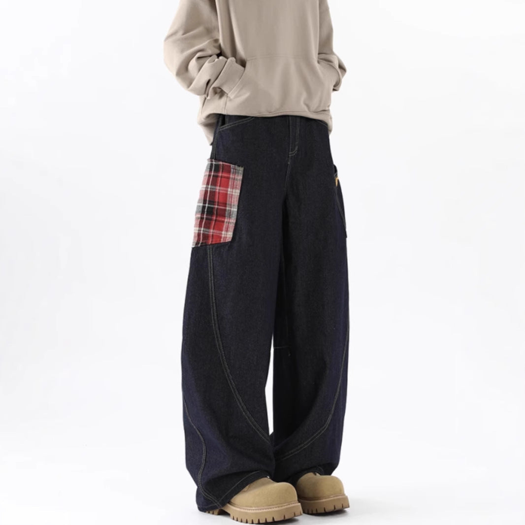 Scimitar plaid patchwork baggy radish jeans