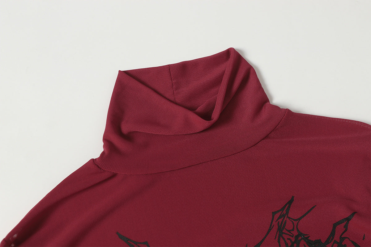 High-Neck Mesh Graphic Print Long Sleeve T-Shirt