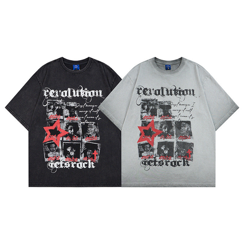 Washed Portrait Letter Print Short Sleeve T-Shirt