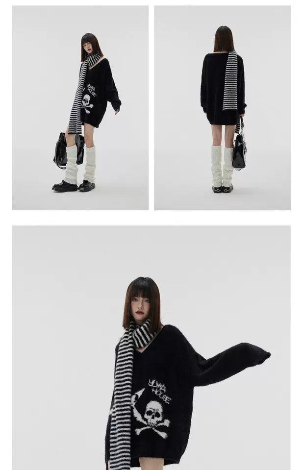 Mohair Skull Pattern Oversize V-Neck Knit Cardigan & Striped Scarf