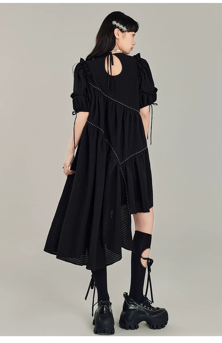 Jacquard Design Short Sleeve Dress With Irregular Hem Length