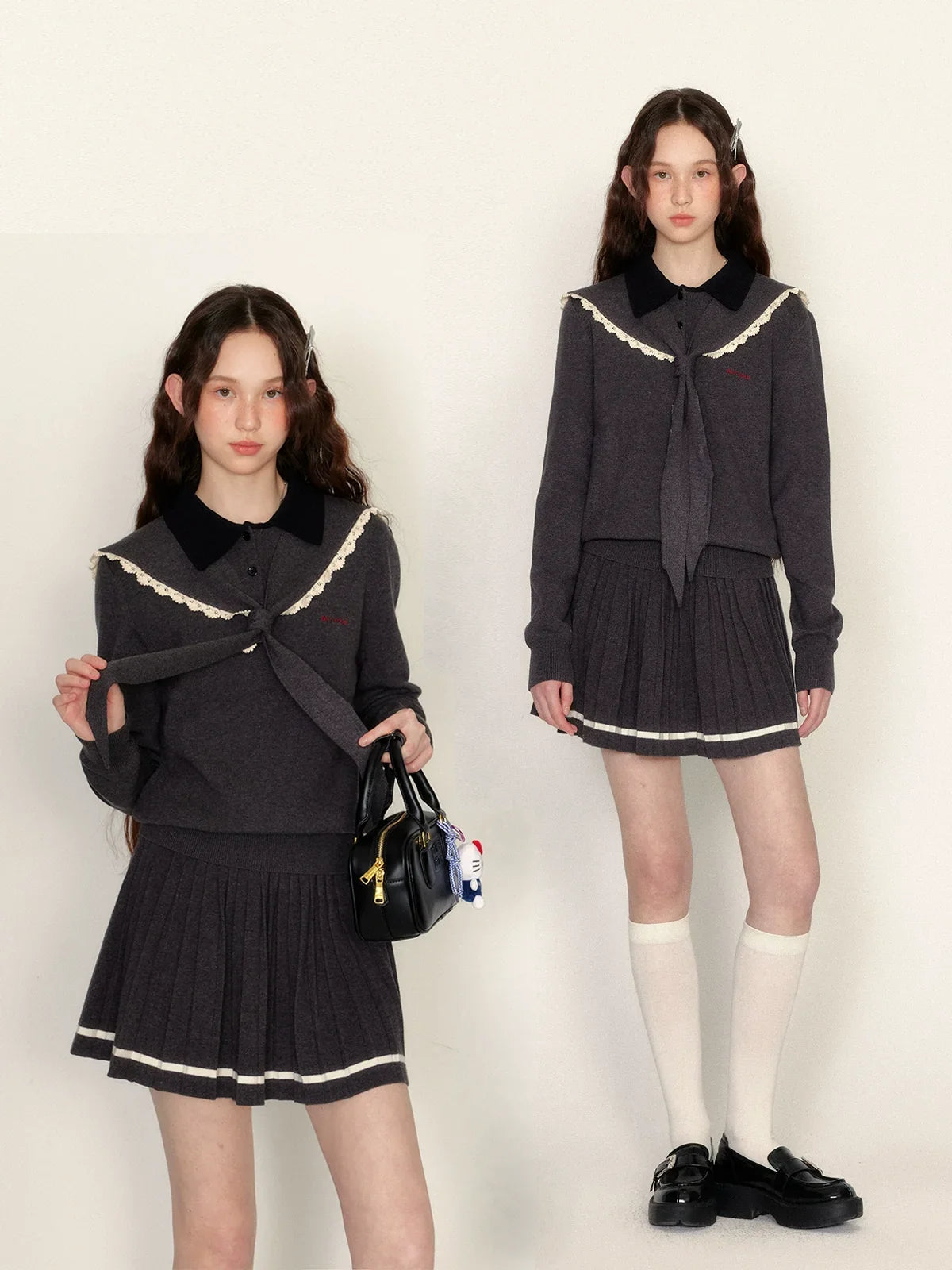 Detachable Sailor Collar Knit Sweater & Pleated Skirt Setup