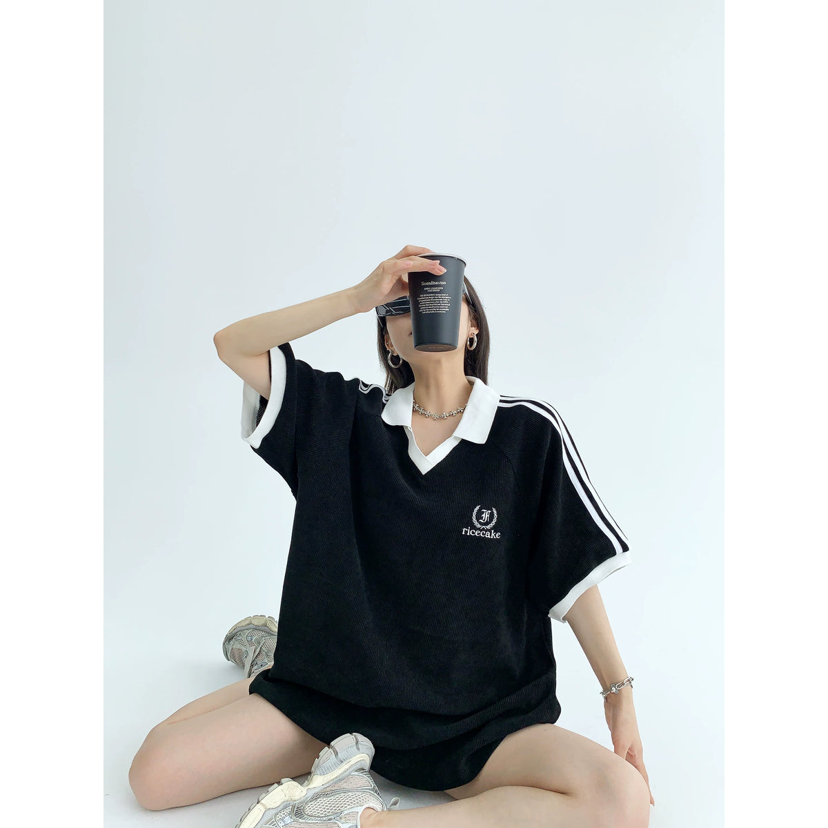 Oversize V-Neck Short Sleeve Polo Shirt