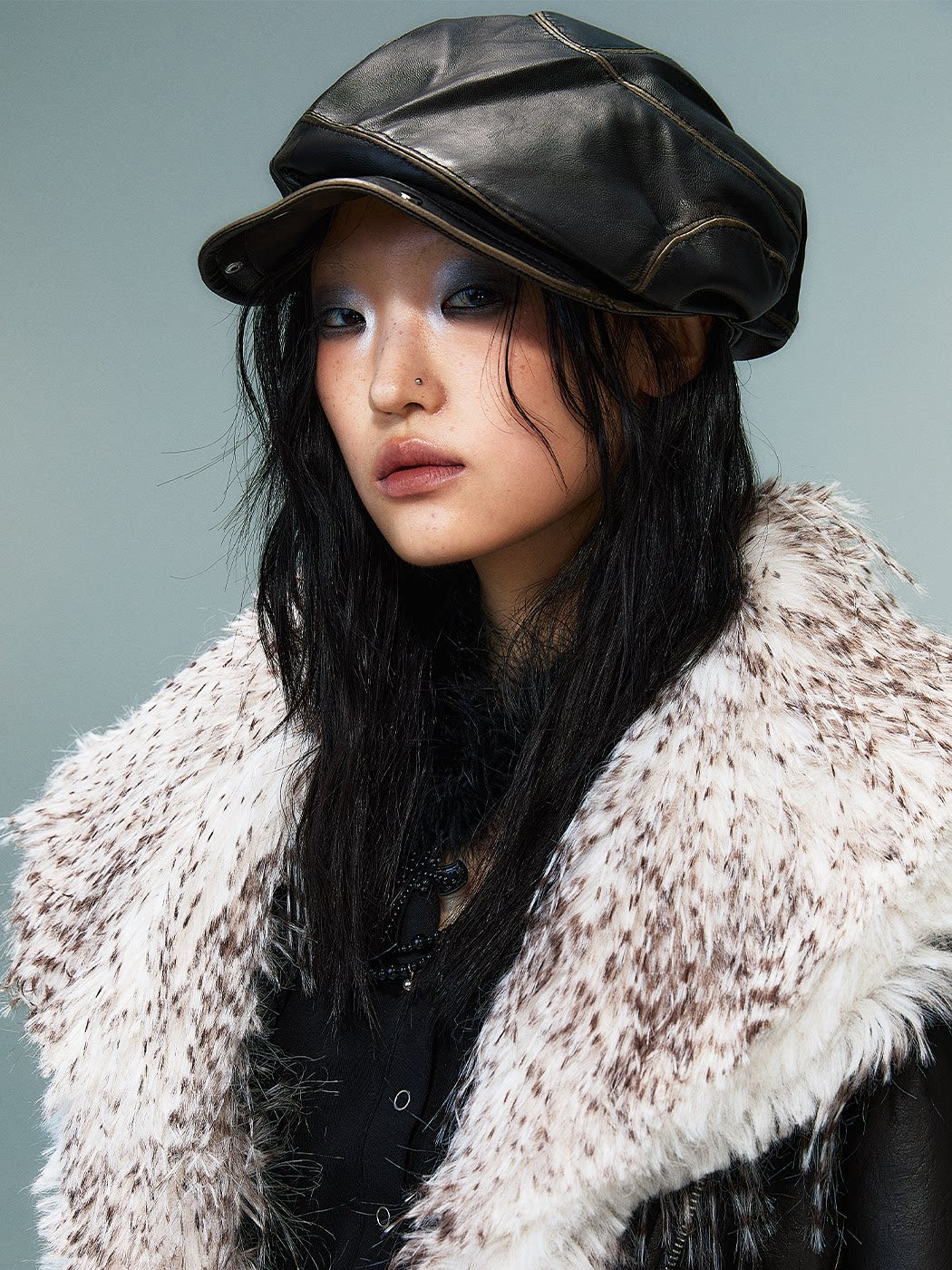 Studded Asymmetrical Washed PU Leather Beret