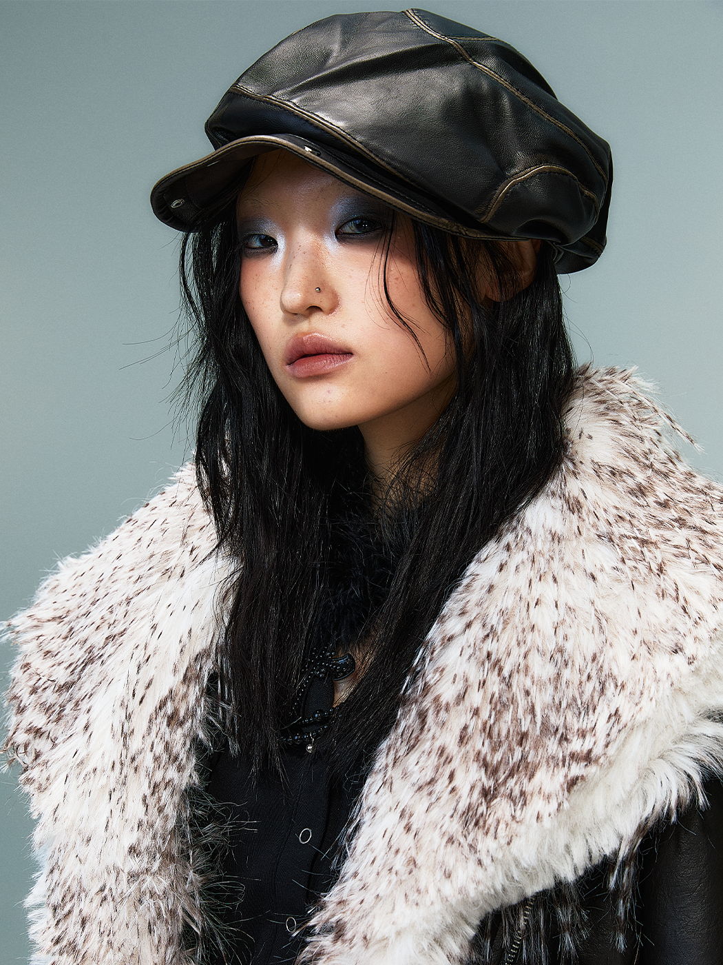 Studded Asymmetrical Washed PU Leather Beret