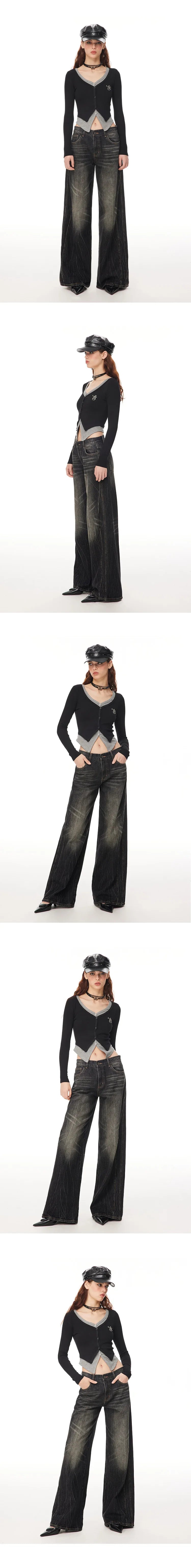 Washed Wide-Leg Buggy Denim Jeans