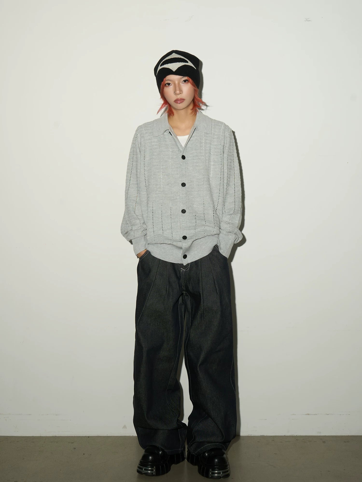 Hollow Textured Lapel Knit Cardigan