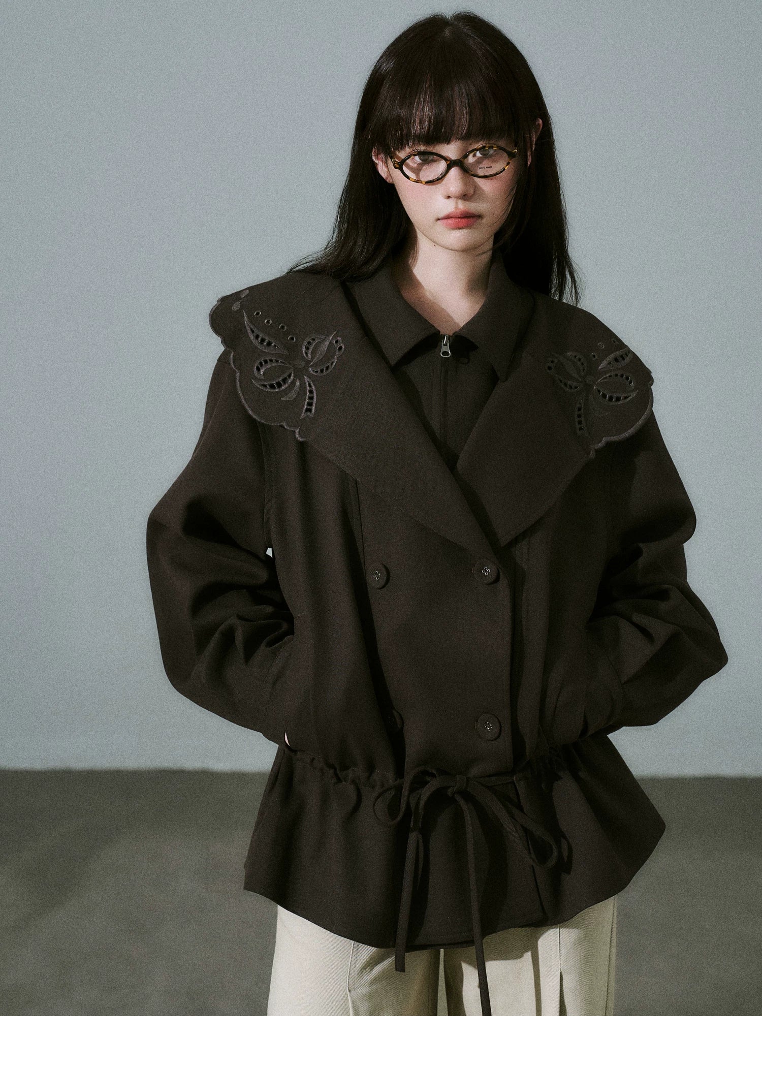 Embroidery Collar Drawstring Waist Double-Breasted Jacket