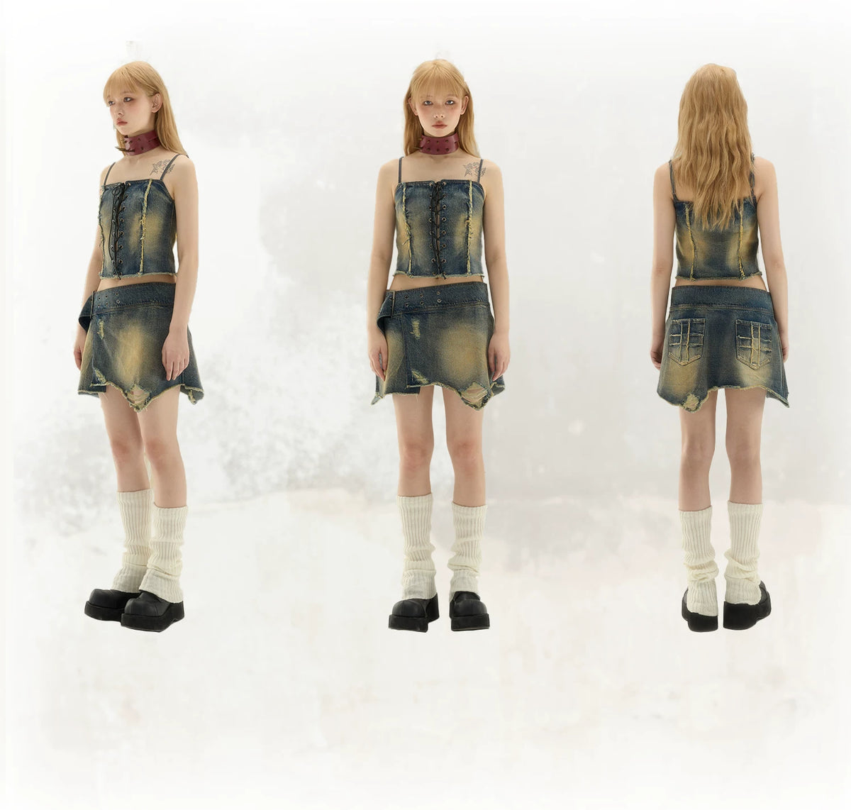 Washed Asymmetrical Adjustable Denim Short Skirt