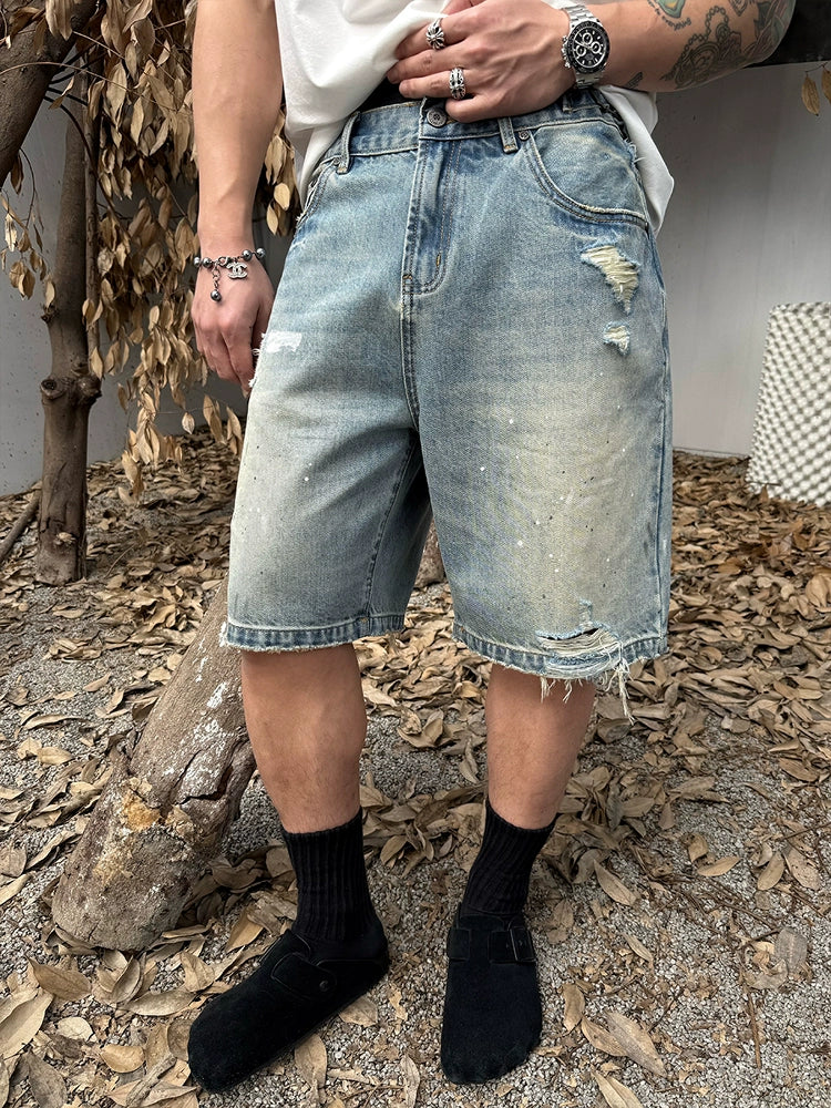 Damage Paint Fade Washed Denim Short