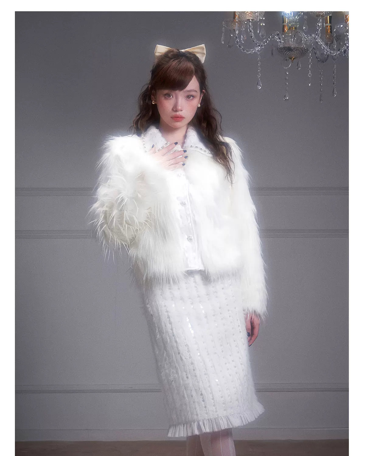 Eco Fur Warm Jacket & Short Skirt & Long Skirt Setup