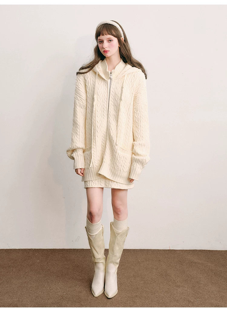 Bunny Hare Ear Hooded Zipper Knit Cardigan & Knit Skirt Setup