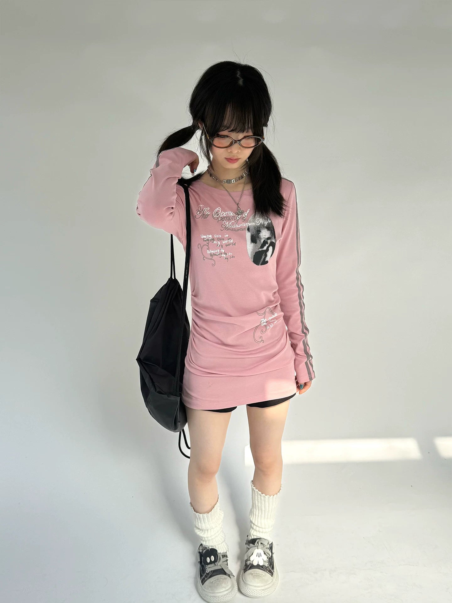 Stripe Sleeve Graphic Print Ruched Fitted Long T-Dress