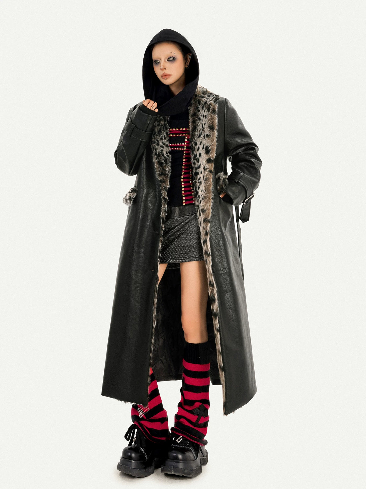Leopard Print Fake Fur Collar Oversize Coat
