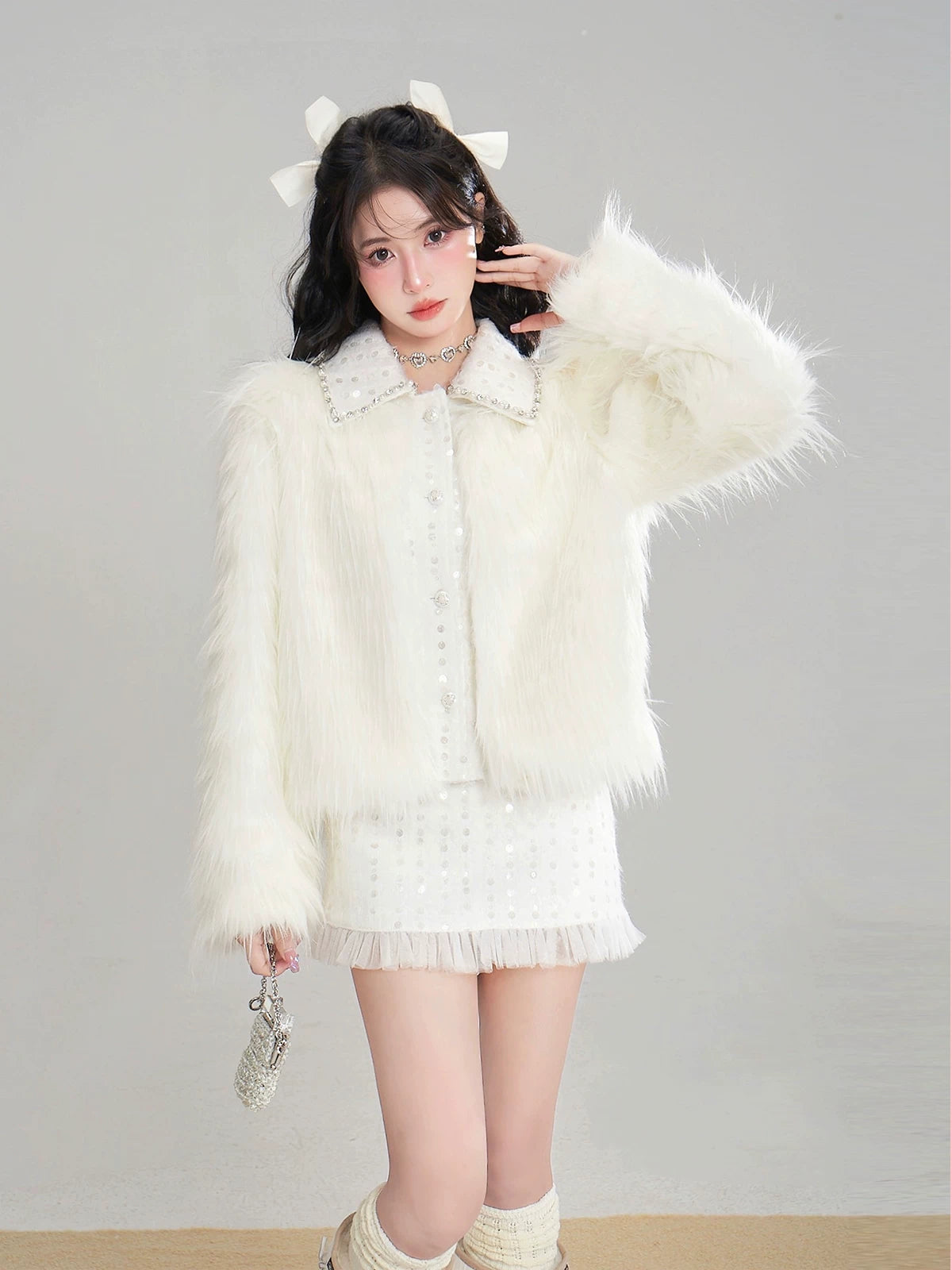 Eco Fur Warm Jacket & Short Skirt & Long Skirt Setup