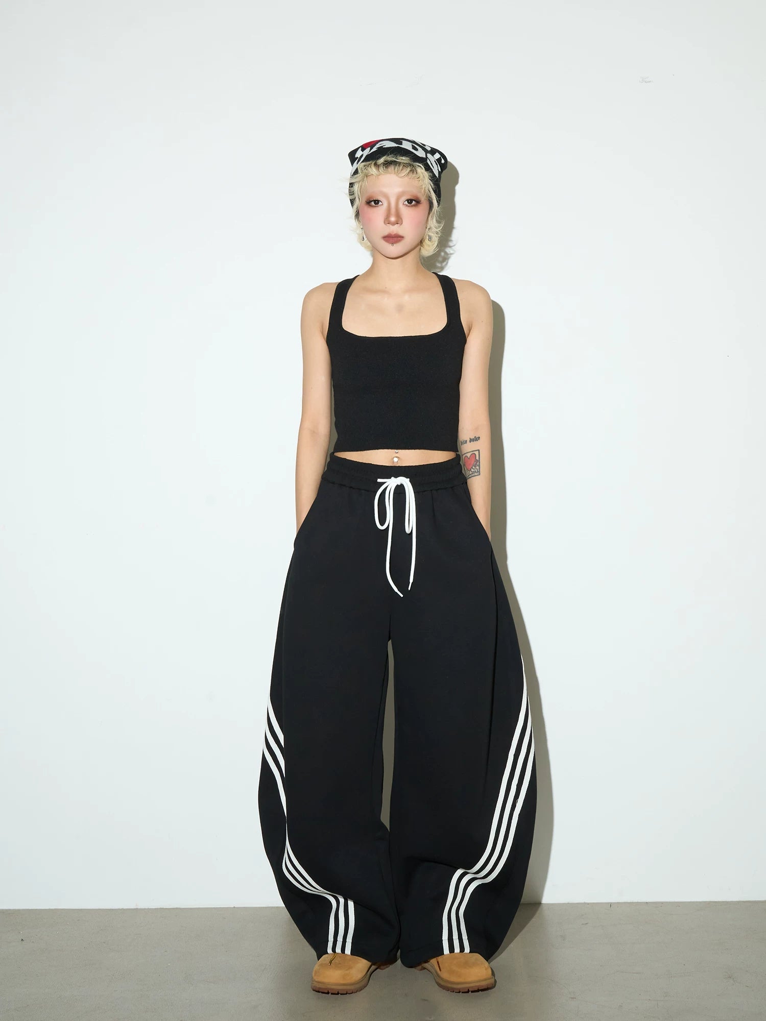 Stripe Contrast Drawstring Wide Leg Sweatpants
