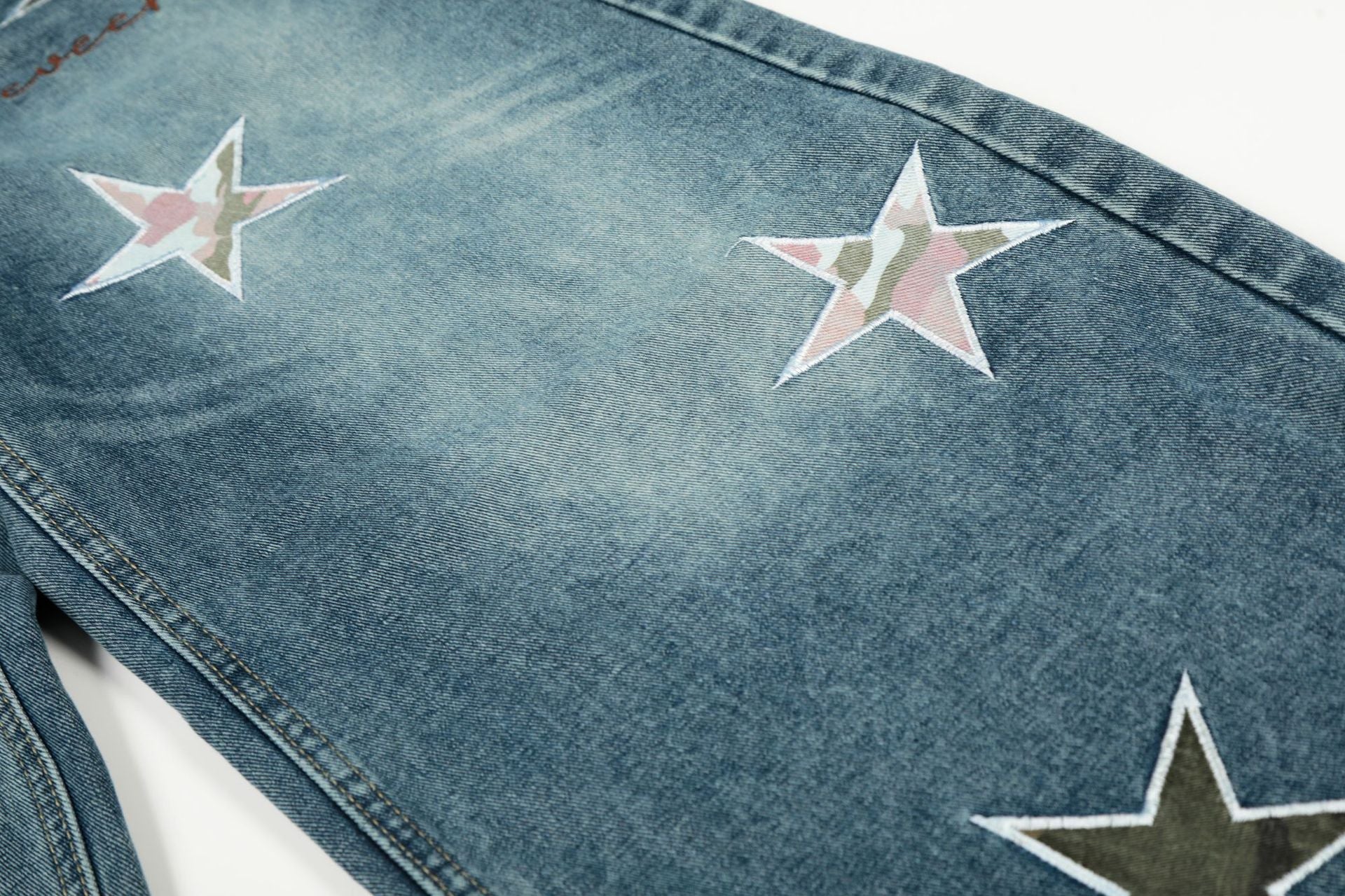 Washed Star Applique Wide Leg Denim Jeans